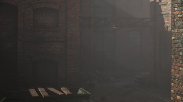 A thick fog lingers around a brick building and alley. The scene shows shadows from the structures fading into the mist. Morning light barely breaks through the dense fog.