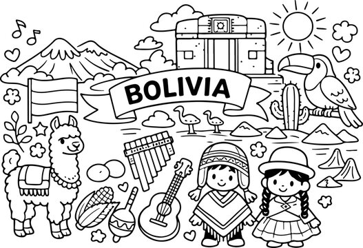 Bolivien, Sehensw&uuml;rdigkeiten, Cartoon-Umrisse, handgezeichnete Linienkunst-Illustration, Doodle-Kunst-Malvorlage f&uuml;r Kinder