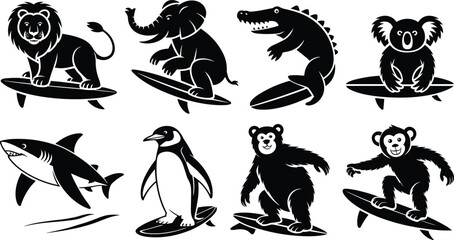 Surfing animals icon set featuring lion elephant crocodile koala shark penguin bear and monkey on surfboards © mstlipibegum