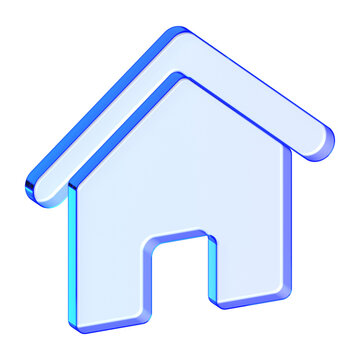 Blue glass home icon in glassmorphism style for UI web navigation, clean house symbol designed for property, real estate, and homepage assets