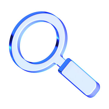 Blue magnifying glass icon in glassmorphism style for search bar, functional research tool symbol designed for inspection, data analysis, and navigation menus