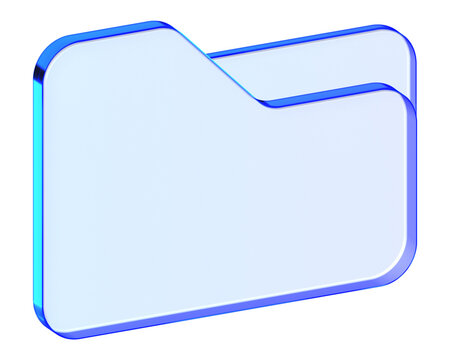 Blue glass file folder icon in glassmorphism style for document management, translucent directory symbol designed for data filing, office systems, and archives