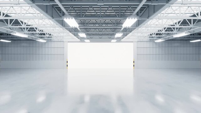 Opened industrial factory entrance door, interior of warehouse, 3d rendering.