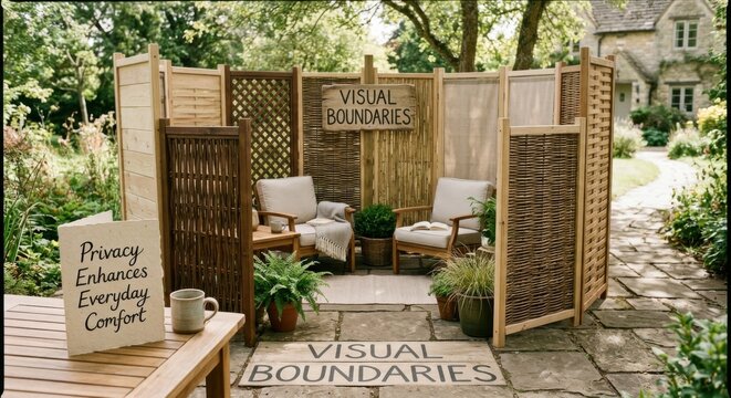 Handcrafted Garden Privacy Screens Create Outdoor Living Spaces with Seating and Plants