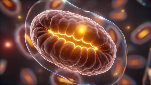 Realistic mitochondria inside a healthy cell illustrating cellular energy production for biotechnology, healthcare education, pharmaceutical presentations, and scientific communication.