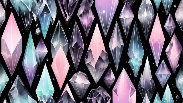 Seamless pattern of pastel colored faceted crystals and gemstones on a dark background. Abstract elegant gem texture design.