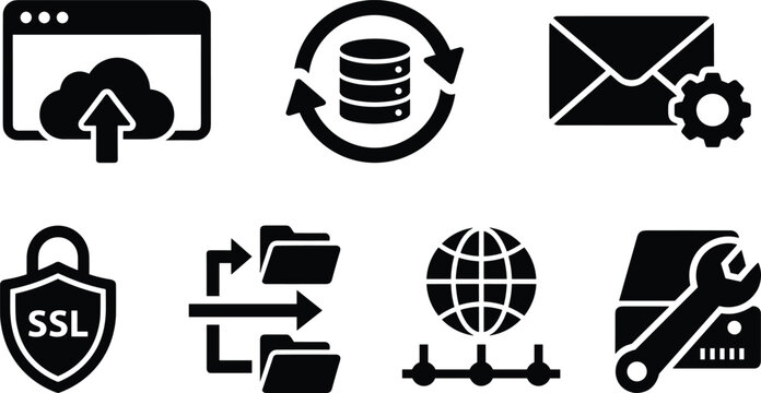 Cloud computing and web hosting vector icon set featuring network database backup, ssl security shield, email setup, and server maintenance symbols