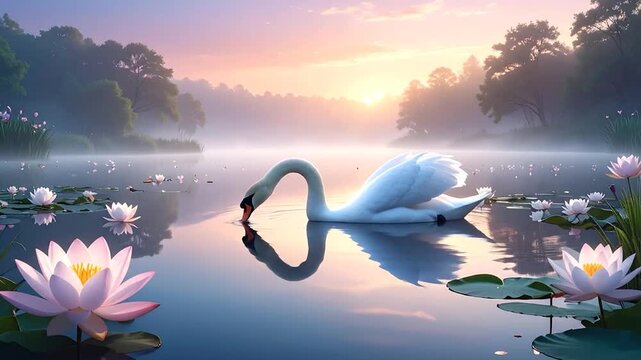 White swan swimming on misty lotus pond at sunrise