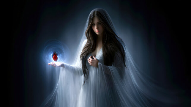 Ghost woman ghostly pale gaunt spooky beautiful long hair dark background fantasy magic ethereal ghost woman ghostly pale gaunt spooky beautiful long hair holds glowing heart hand with mysterious