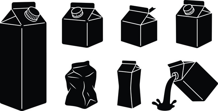 Milk and juice carton packaging vector icon set featuring black liquid paper box containers pouring splash crumpled trash and bottle cap symbols
