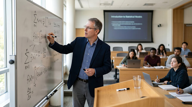 Professor teaching complex math equations on whiteboard to diverse students in classroom