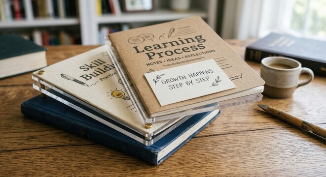 Learning Process and Skill Building Notebooks Stacked on Wooden Table with Inspirational Quote