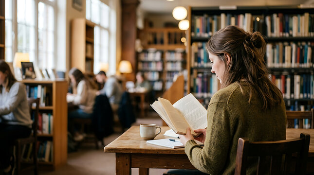 Student reading book in library, education, study, knowledge, quiet atmosphere
