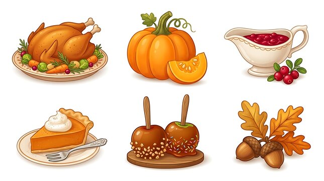 Seasonal thanksgiving holiday food collection featuring roasted turkey pumpkin pie caramel apples and acorns isolated on white background