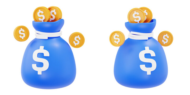 3D Money Bag with Dollar Coins Icon