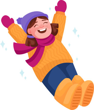 Happy smiling girl sliding down on snow, cheerful cartoon character playing in winter apparel isolated on white