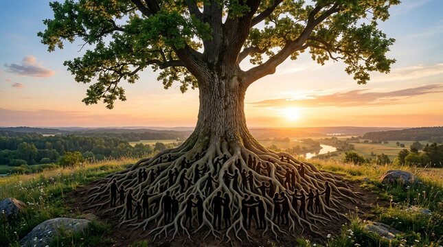 Ancient oak tree majestic roots exposed golden sunset over rolling hills landscape