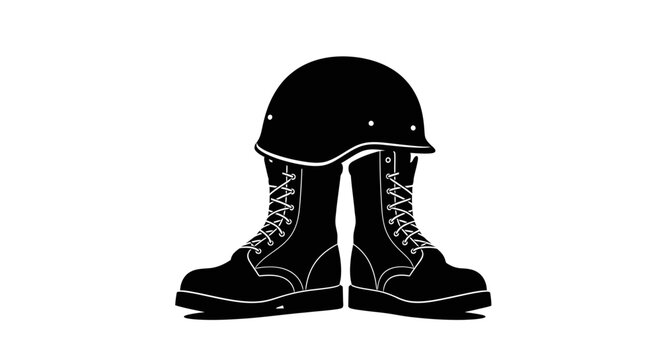 Military boots and helmet in black silhouette with helmet white background protection soldier army gear war