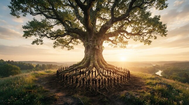 Ancient tree with roots forming human figures in sunset landscape