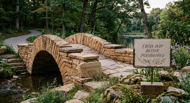 Rustic Stone Arch Bridge with "Transition Path" Sign Overlooking a Serene Lake in a Lush Forest