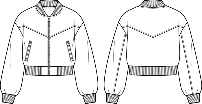 Fashion technical flat sketch vector illustration of a modern bomber jacket CAD template front and back view