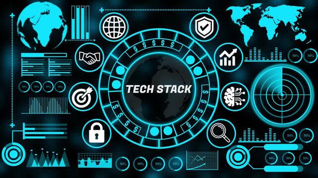 Strategic tech stack concept with interconnected business technology internet icons supporting enterprise decision making and growth. 4k animation video 