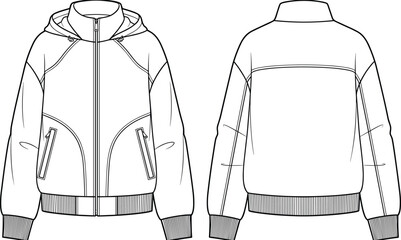 Unisex zip up hooded bomber jacket stand collar zipper pocket windbreaker fashion flat sketch technical vector front back view © Lakhi