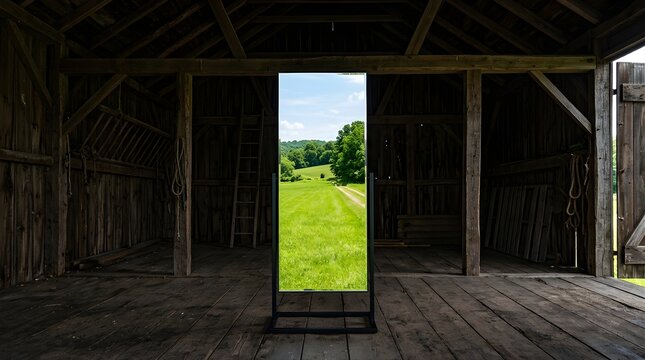 Standing mirror reflecting a green summer meadow inside a rustic barn