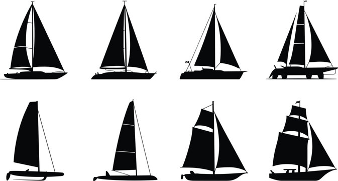 Sailboat and yacht silhouette icon set featuring sailing boats, catamarans, windsurfing, and tall ships