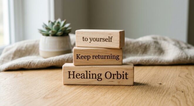 Wooden Blocks with Healing Orbit, Keep Returning to Yourself Affirmations