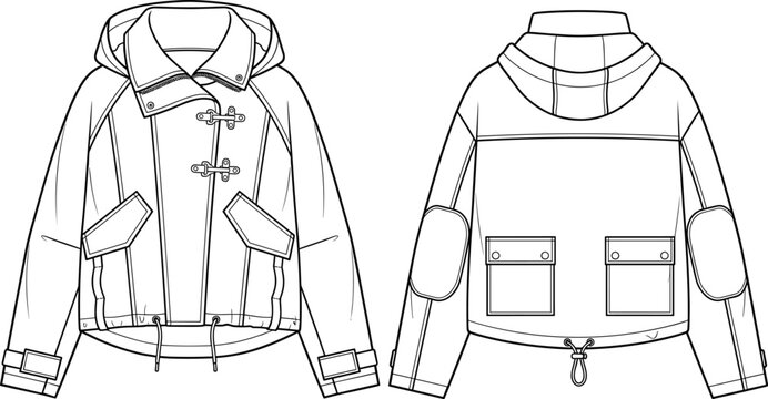 Women hooded duffle jacket with metal clasps technical fashion flat sketch vector CAD illustration front and back view design template