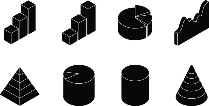 3D isometric business chart icon set featuring bar graphs, pie charts, area graphs, pyramid diagrams, cylinder charts, and cone pyramids
