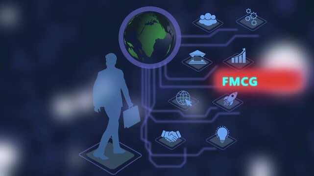 Digital business strategy infographic featuring a walking businessman silhouette with global brain network and fmcg market growth for corporate presentations and modern financial technology