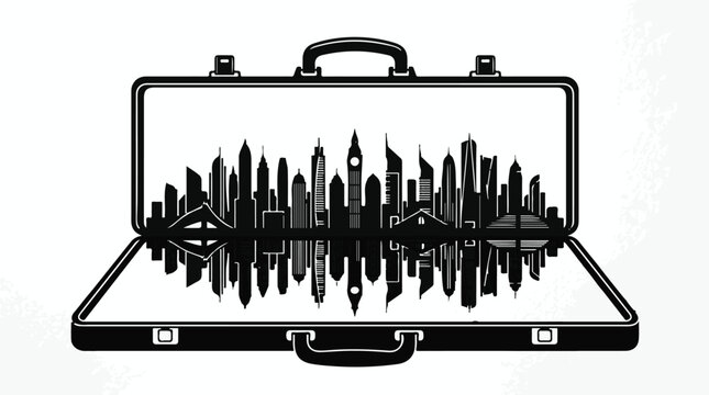 Briefcase opening to show city skyline vector silhouette concept for business travel global real estate urban development and trade opportunity