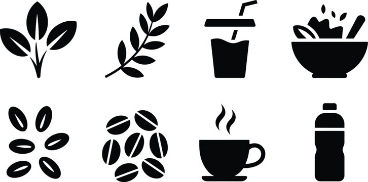 Healthy food and beverage icon set featuring tea leaves, wheat branch, iced drink, salad bowl, seeds, coffee beans, hot coffee cup, and water bottle