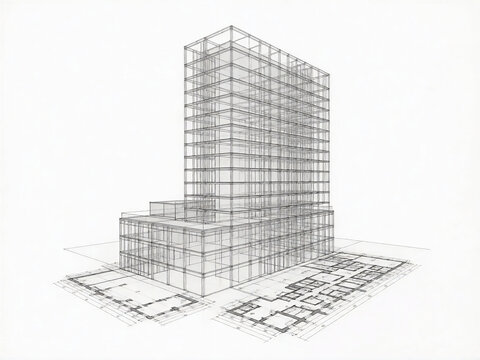 Architectural wireframe sketch of high rise building with floor plan