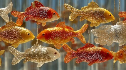 Fototapeta premium Decorative curtain-like wall art featuring a school of metallic fish in yellow, red, and silver, suspended on thin cords from rustic wooden board, elegant flowing design, large scale 3.5 by 2 meters
