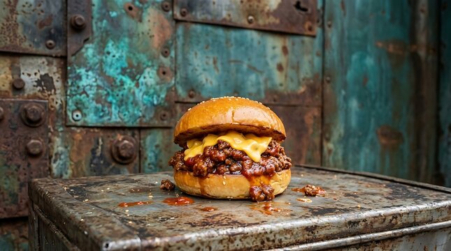 Delicious sloppy joe sandwich with melted yellow cheese served on industrial metal surface background with cheese resting weathered