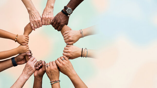 Diverse hands forming circle unity with holding hands hands clasped multicultural collaboration cooperation partnership multiracial brotherhood