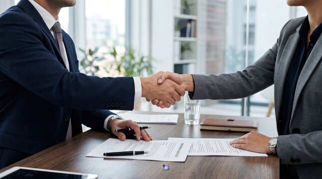Business partners shaking hands after signing contract agreement in office, professional deal closing moment, corporate success, legal document negotiation, trust and partnership