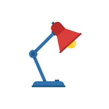 A simple flat design illustration of a red and blue desk lamp with a yellow light bulb, providing illumination.