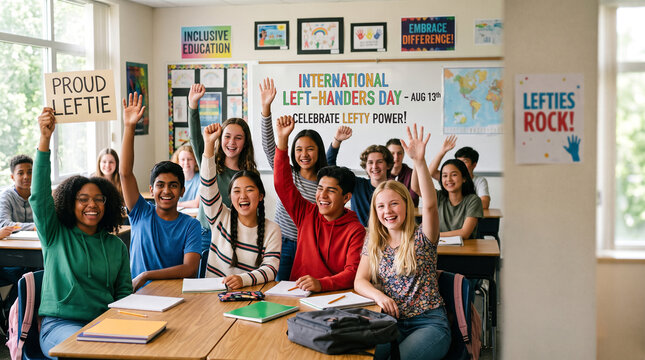 Happy diverse students raising hands in classroom celebrating left handers day with inclusive education embrace difference bright classroom with middle school