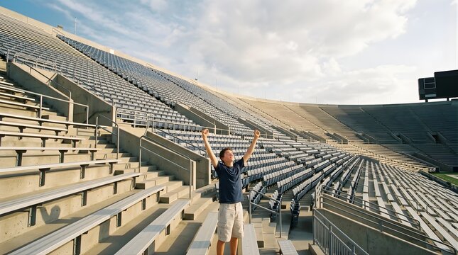 Young boy celebrating with arms raised in a large empty outdoor stadium