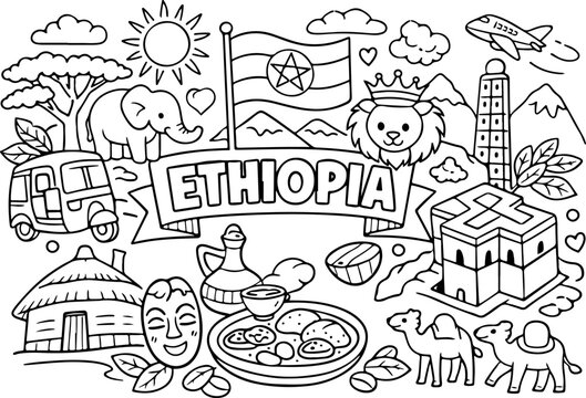&Auml;thiopien, handgezeichnete Cartoon-Umrisse, Strichzeichnung, Illustration, Doodle-Malvorlage f&uuml;r Kinder