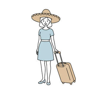 Woman in sombrero with suitcase