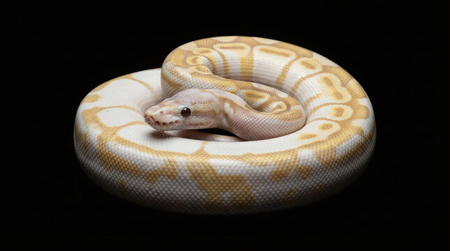 Albino Ball Python Coiled on Black Background Exotic Reptile Studio Portrait