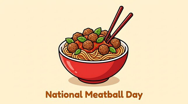 Delicious spaghetti and meatballs bowl illustration celebrating national meatball day event concept culinary graphic design with leaves accented chopsticks