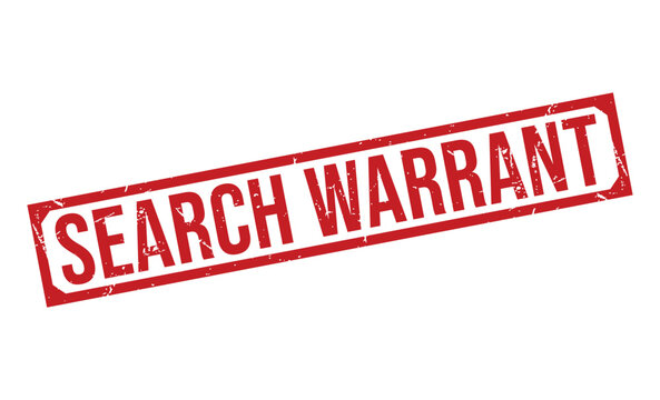 A red search warrant stamp on a white background for law enforcement purposes