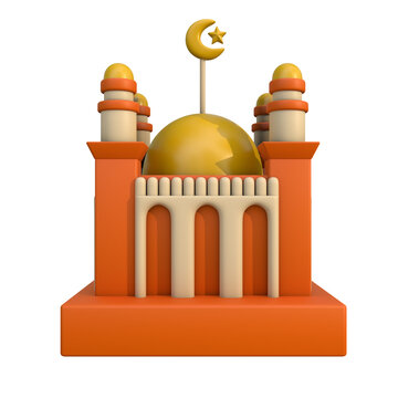A vibrant 3D rendered mosque illustration with a golden dome and crescent moon, symbolizing Islamic faith, worship, and cultural heritage, perfect for religious holiday designs