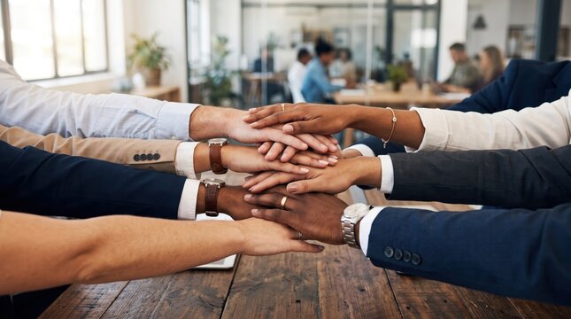 Diverse group of business people stacking hands together on wooden table, teamwork unity partnership, corporate collaboration success, multiethnic colleagues joining forces